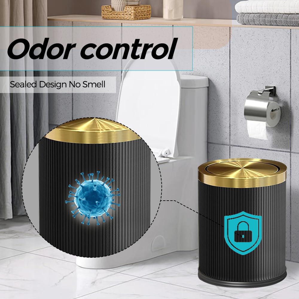 LEASYLIFE 15L/4GAL Black Bathroom Trash can,Gold Bathroom Garbage can with lid，Small Trash Can with Flipping Lid, Garbage cans for Bedroom, Kitchen，Living Room.(15L-Black)