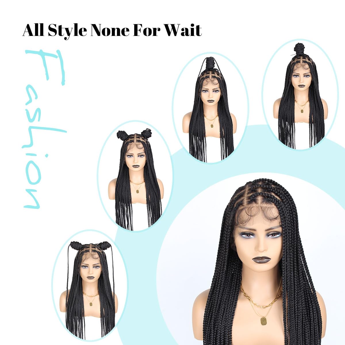 QUISDUIS 36 Inch Full Lace Braided Wigs for Black Women, 360° HD Single-layer Square Knotless Box Braid Wig with Baby Hair Handmade Synthetic Hair Blended Lace Front Wig Natural Black
