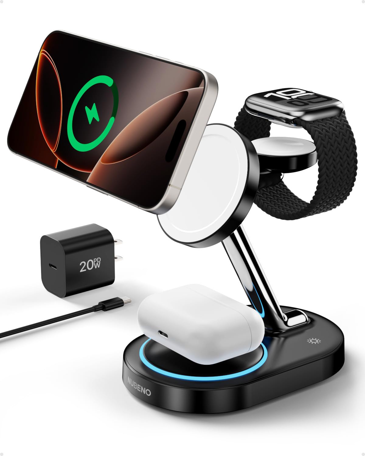 Nubeno Charging Station for iPhone 16/16 Pro/16 Pro Max, Wireless Charger for MagSafe iPhones, 3 in 1 Magnetic Charger Stand for iPhone 16/15/14/13/12 Series, Apple Watch & AirPods.(Blk)