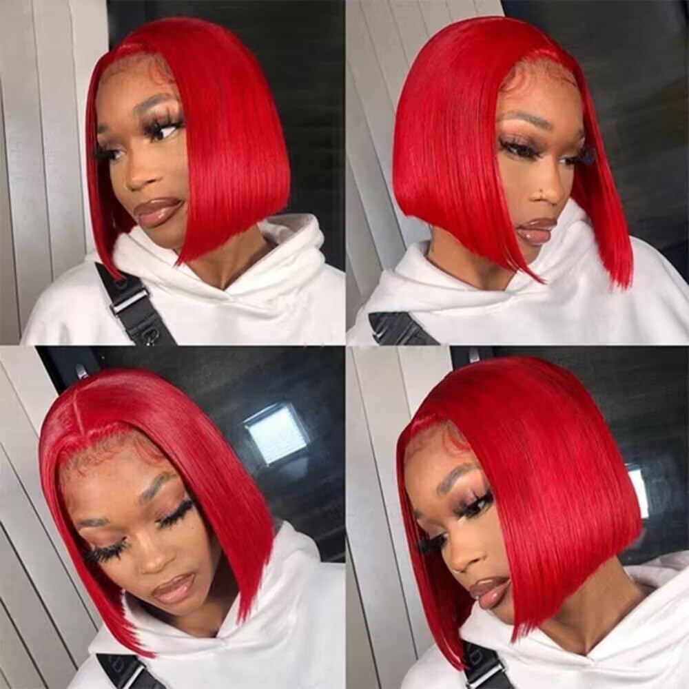 Pre Plucked 13X4 Straight Red Bob Wig Human Hair Lace Front Wigs With Baby Hair Natural Hairline Glueless Wigs Human Hair Pre Cut Bob HD Transparent Lace Frontal Blunt Cut Red Bob Wigs For Black Women