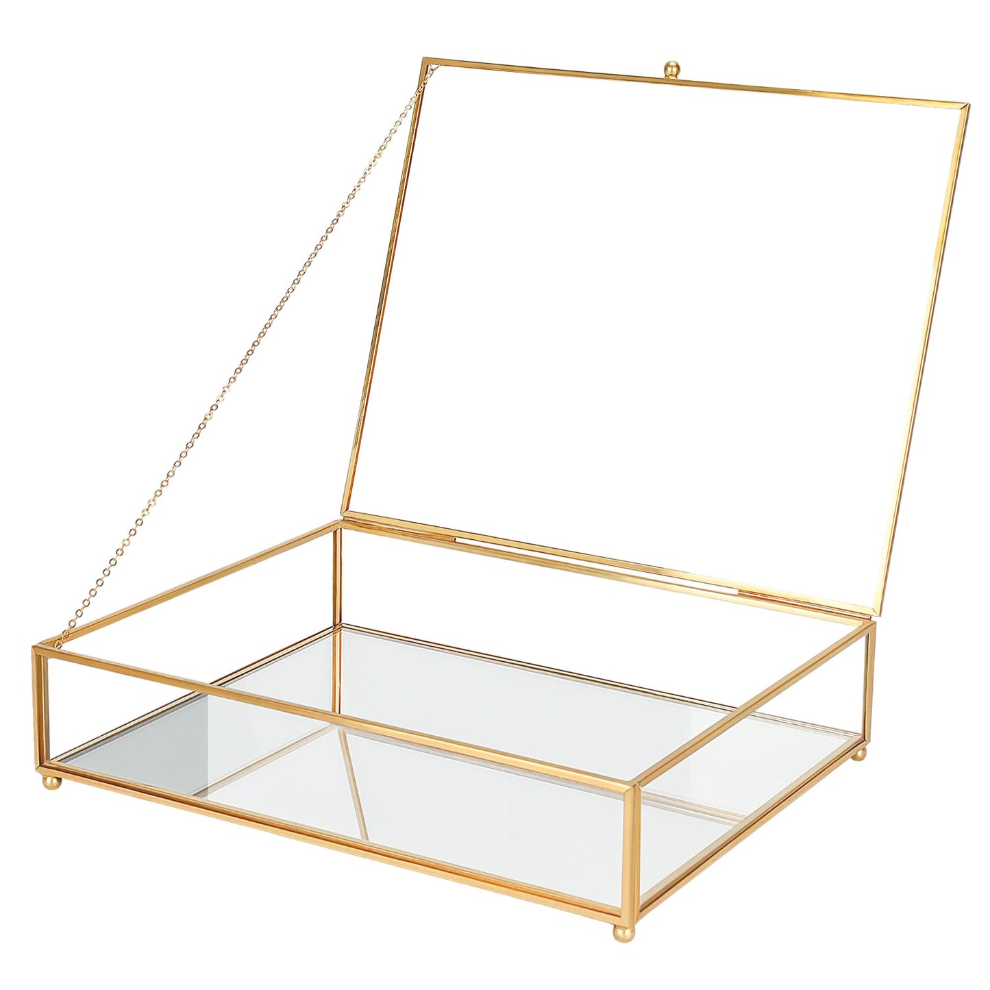 REDHUGO Large Glass Boxes for Display Handmade, Mirrored Bottom, Glass Jewelry Trinket Box with Lid, for Book, Photo, Keepsake Organizer, Display Case for Vanity Decor Home Dresser, Gold
