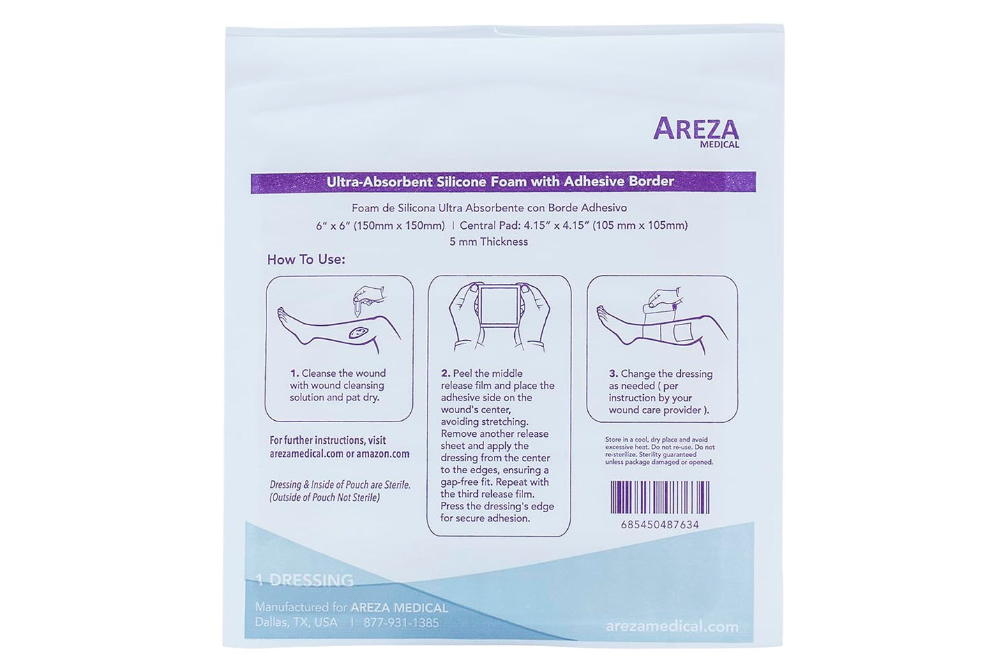 Areza Medical - Silicone Foam with Super-Absorbent Layer - Wound Dressing - Waterproof - with Silicone Adhesive Border - Sterile - 6" x 6" - 20 PCS per Box - FSA/HSA Approved