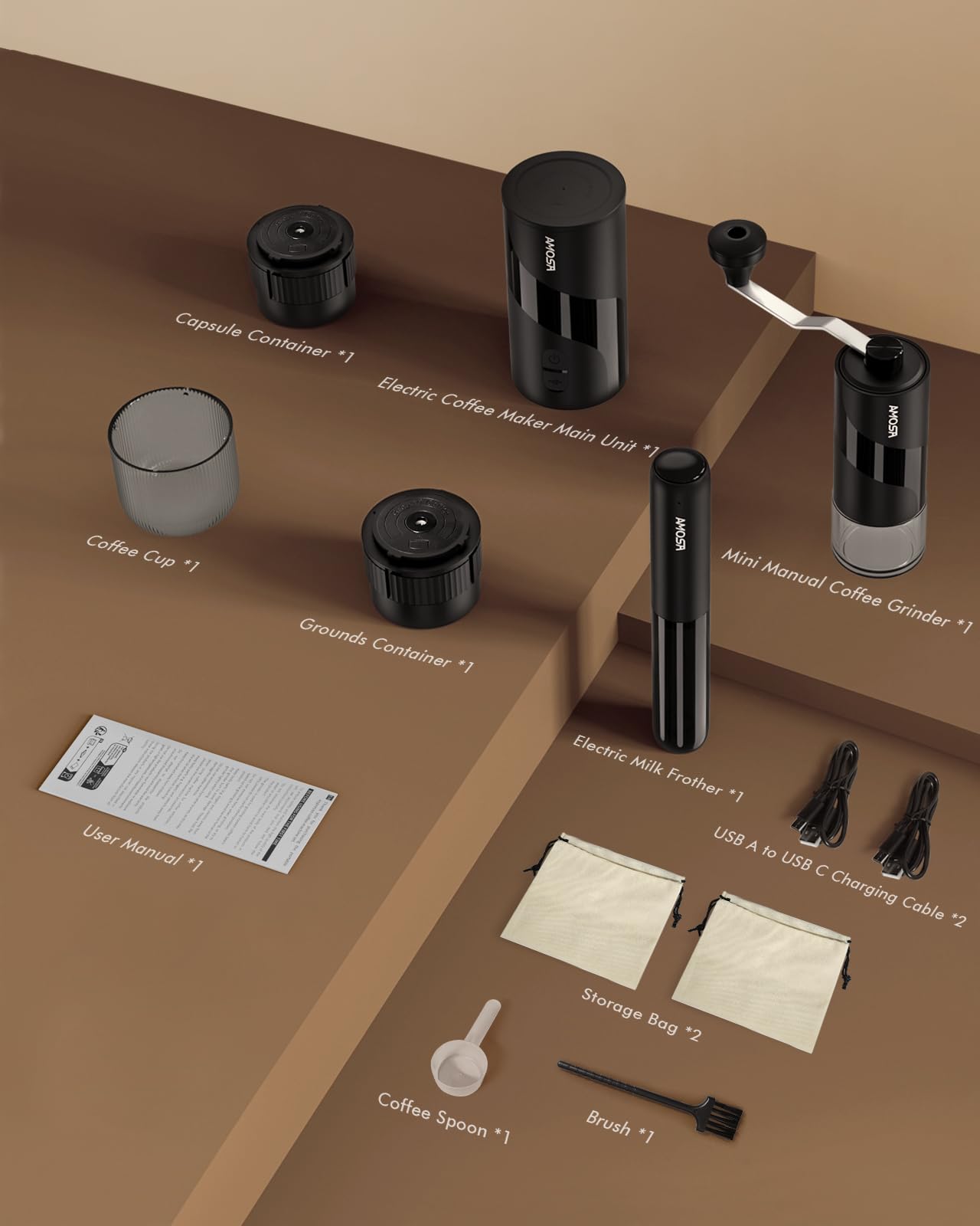 Portable Electric Espresso Machine & Manual Coffee Grinder & Electric Milk Frother All in 1 Mini Travel Coffee Maker Set for Camping, Car, RV, Hiking, Office, Home, Ground Coffee & NS Capsules Pod