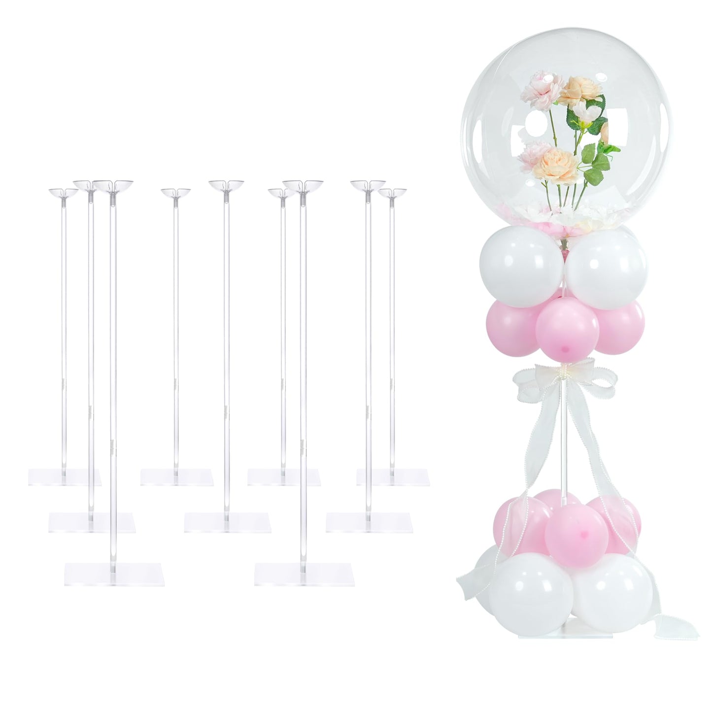YALLOVE Balloon Stands for Table Set of 10, Adjustable Height 15.75 Inch, 23.62 Inch Balloon Centerpiece Stand, Acrylic Balloon Stick Holder with Base for Party Decorations (Balloons Not Included)