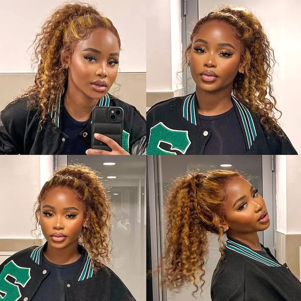 ZHUO JIA 13x4 Highlight Ombre Deep wave Lace Front Wigs Human Hair for Black Women P4/27 Colored HD Transparent Honey Blonde Curly Lace Frontal Wigs Pre Plucked 180 Density with Baby Hair 28inch