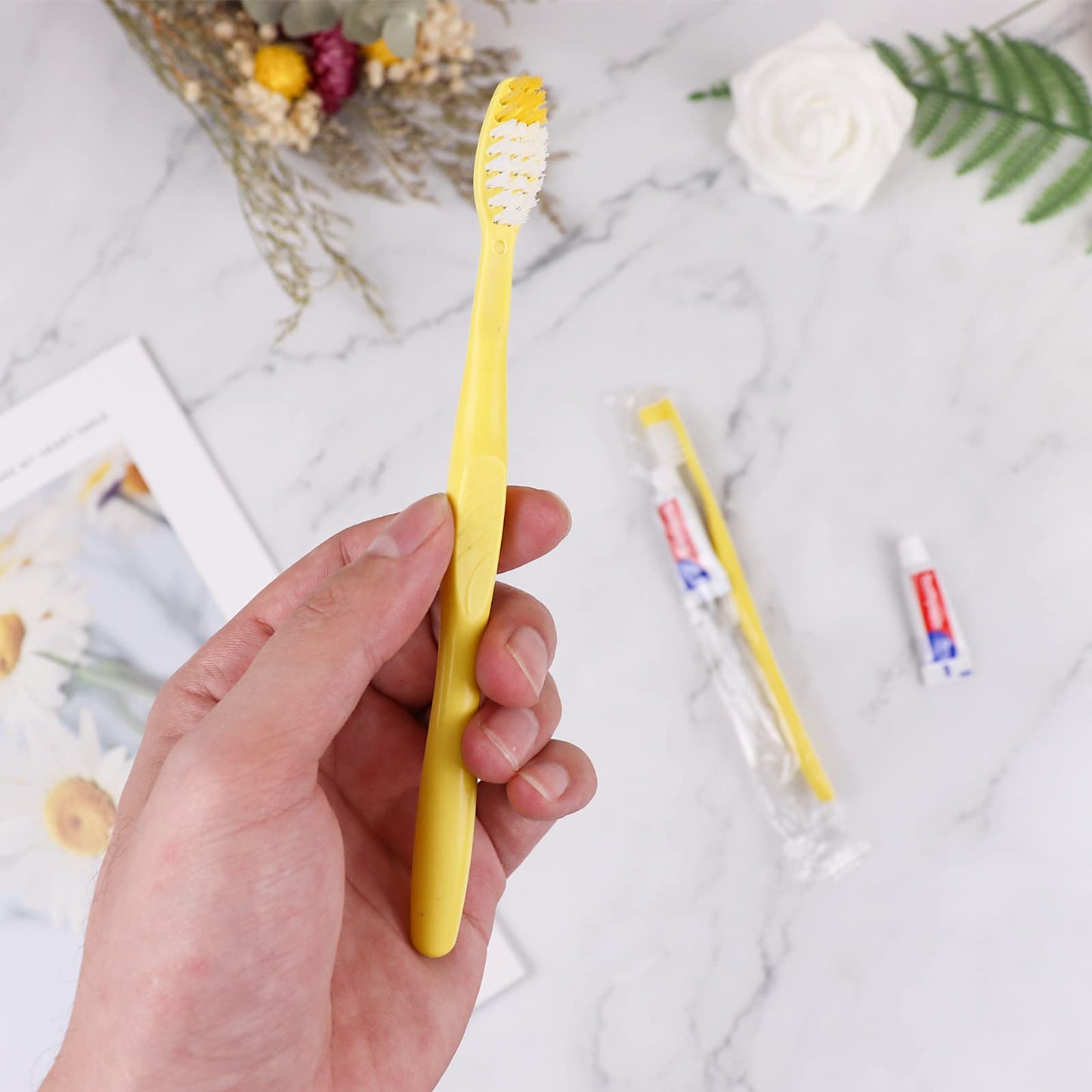 Xuezoioy Disposable Toothbrushes with Toothpaste,300 Pack Yellow Hollow Individually Wrapped Disposable Travel Toothbrushes Kit in Bulk for Homeless,Nursing Home,Hotel,Charity