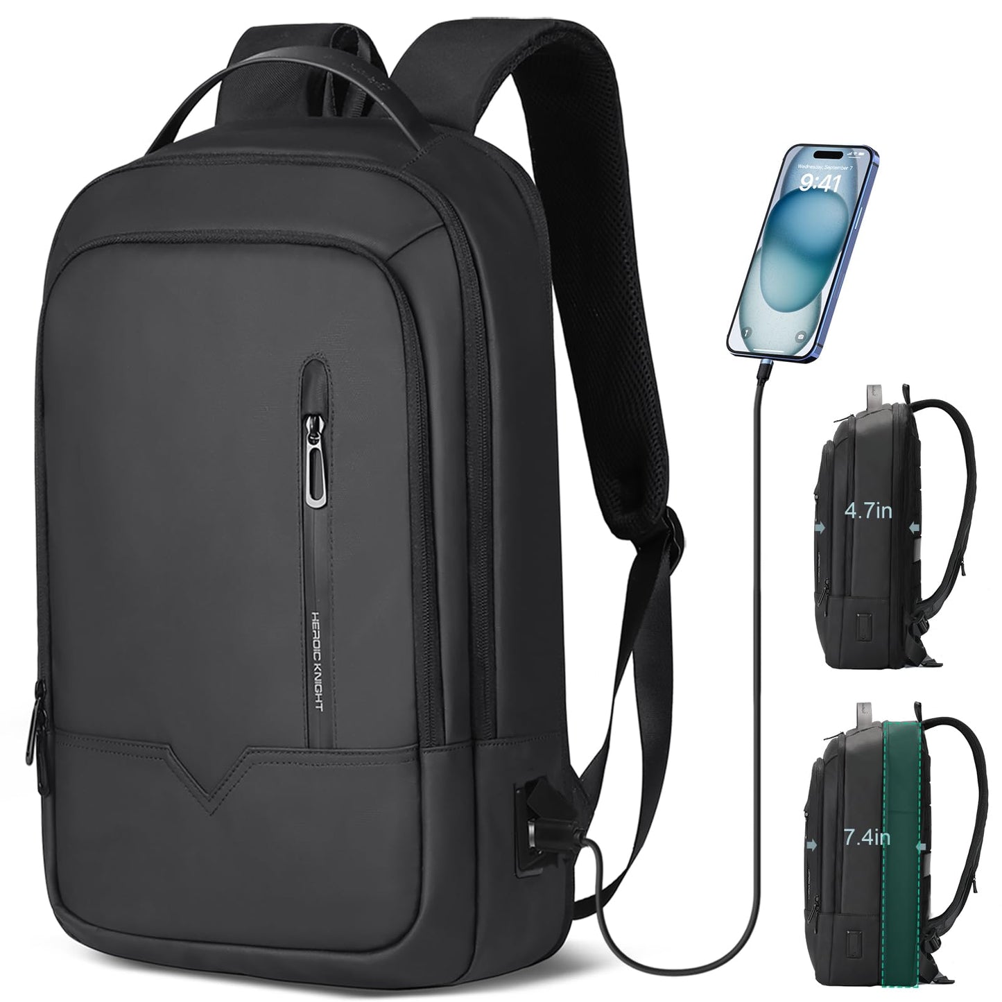 hk Slim Expandable Laptop Backpack for Men, 15.6 Inch Business Work Backpack with USB Charging Port, Water-Resistant Computer Backpack for Office Travel Daily Commute, Black