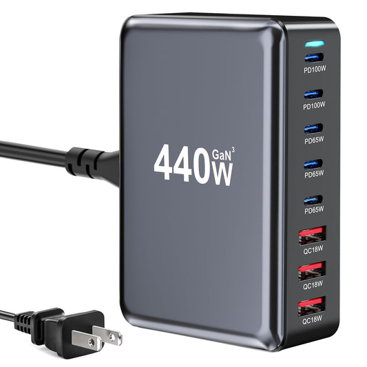 440W Fast USB C Charger GAN Charger Block 8 Port Charging Station HUB Brick Dual PD PPS 100W Wall Charger Compatible with MacBook Pro/Air/All iPad iPhone 16/15/14/13/Pro Max