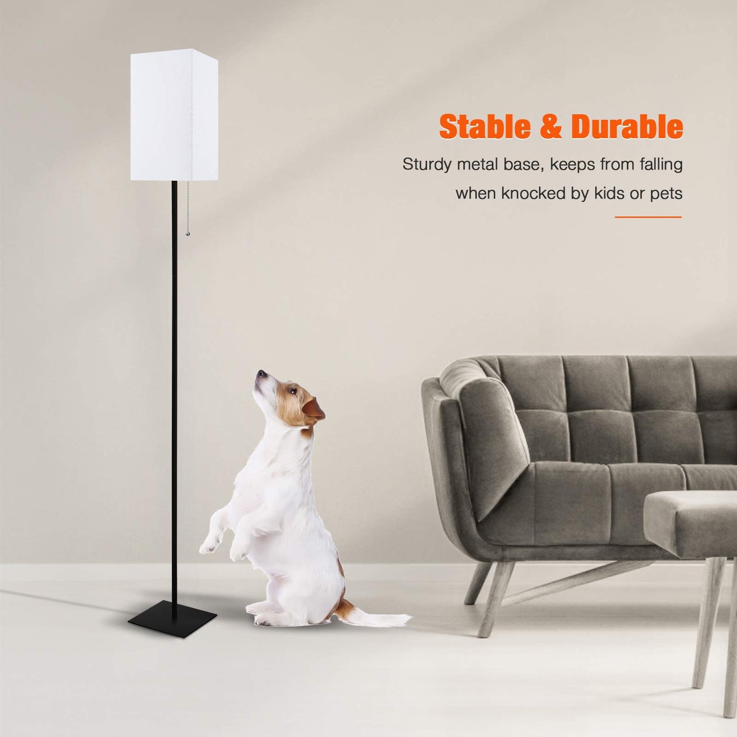 FIGDIFOR Modern Floor Lamp for Living Room, Tall Black Floor Lamp with Square Linen Shade, Pull Chain Switch and Stable Metal Base, Standing Lamp for Bedroom, Reading Nook and Office, Bulb Included