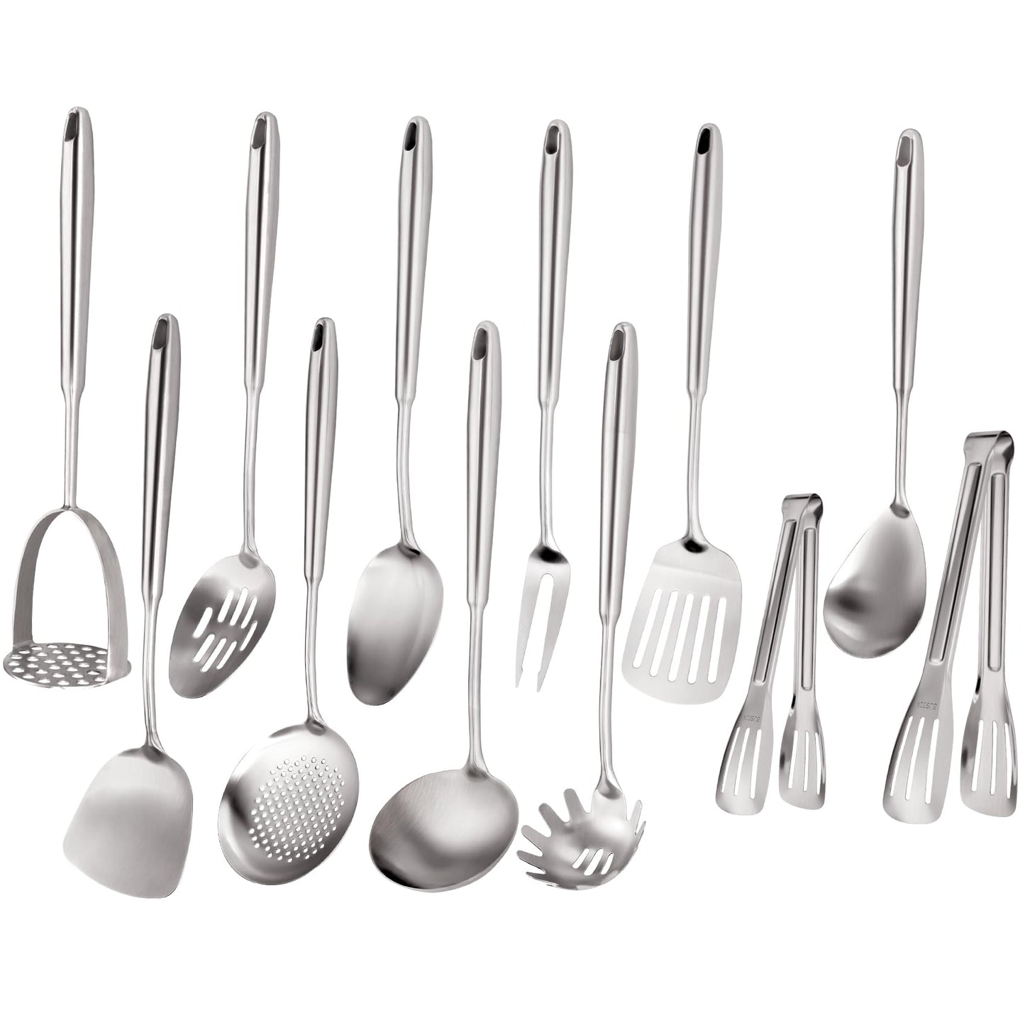 304 Stainless Steel Cooking Utensils Set, Stainless Steel Kitchen Utensils, 12 PCS Long Large Metal Cooking Utensil Tools Set, Potato Masher, Fork, Tongs, Pasta, etc (Dishwasher Safe)