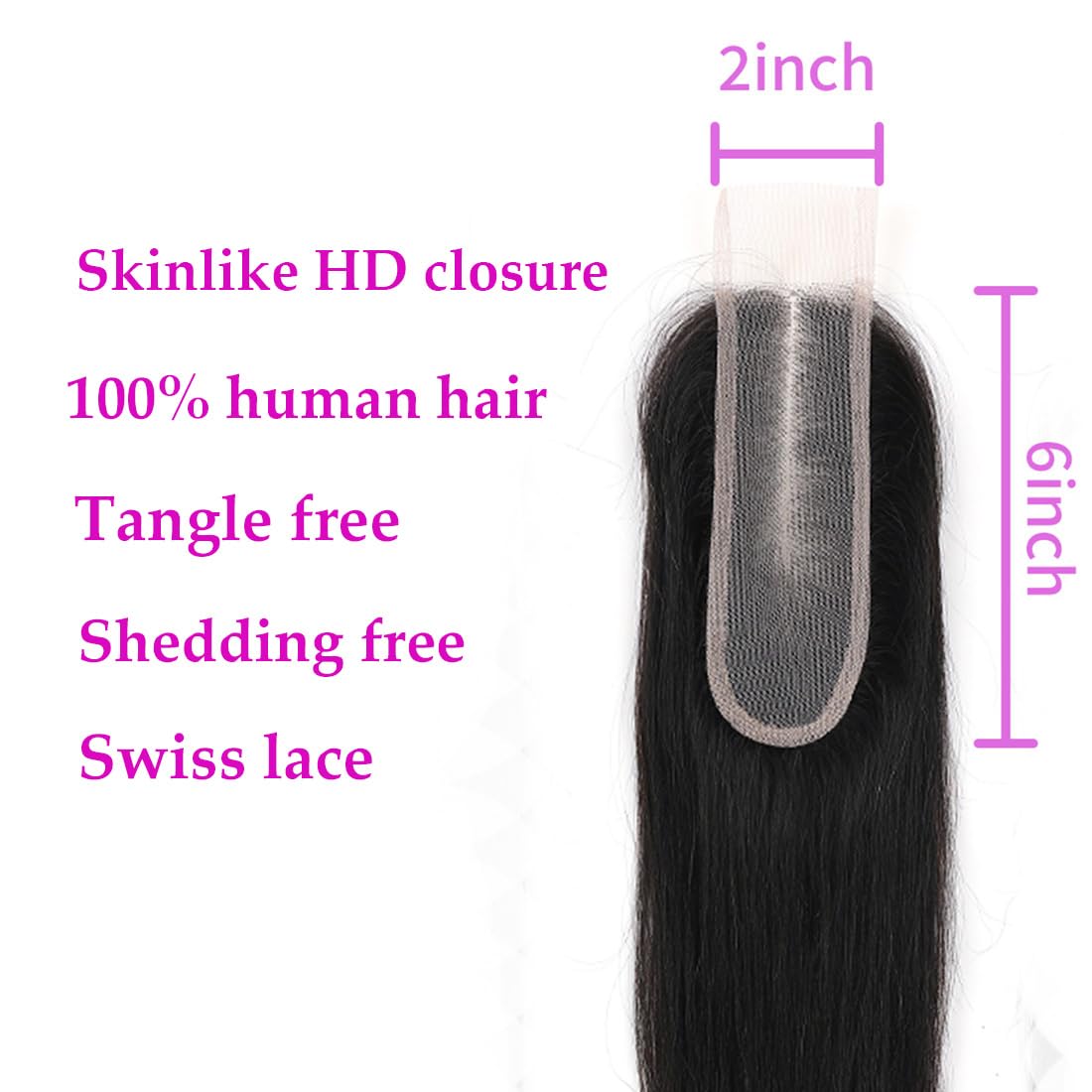 2x6 HD Transparent Skinlike Human Hair Lace Closure Straight 18inch 100% Brazilian 2x6 Closure Virgin Human Hair Kim K Middle Part Closure Closure Straight Natural Black Glueless Pre Plucked Bleached