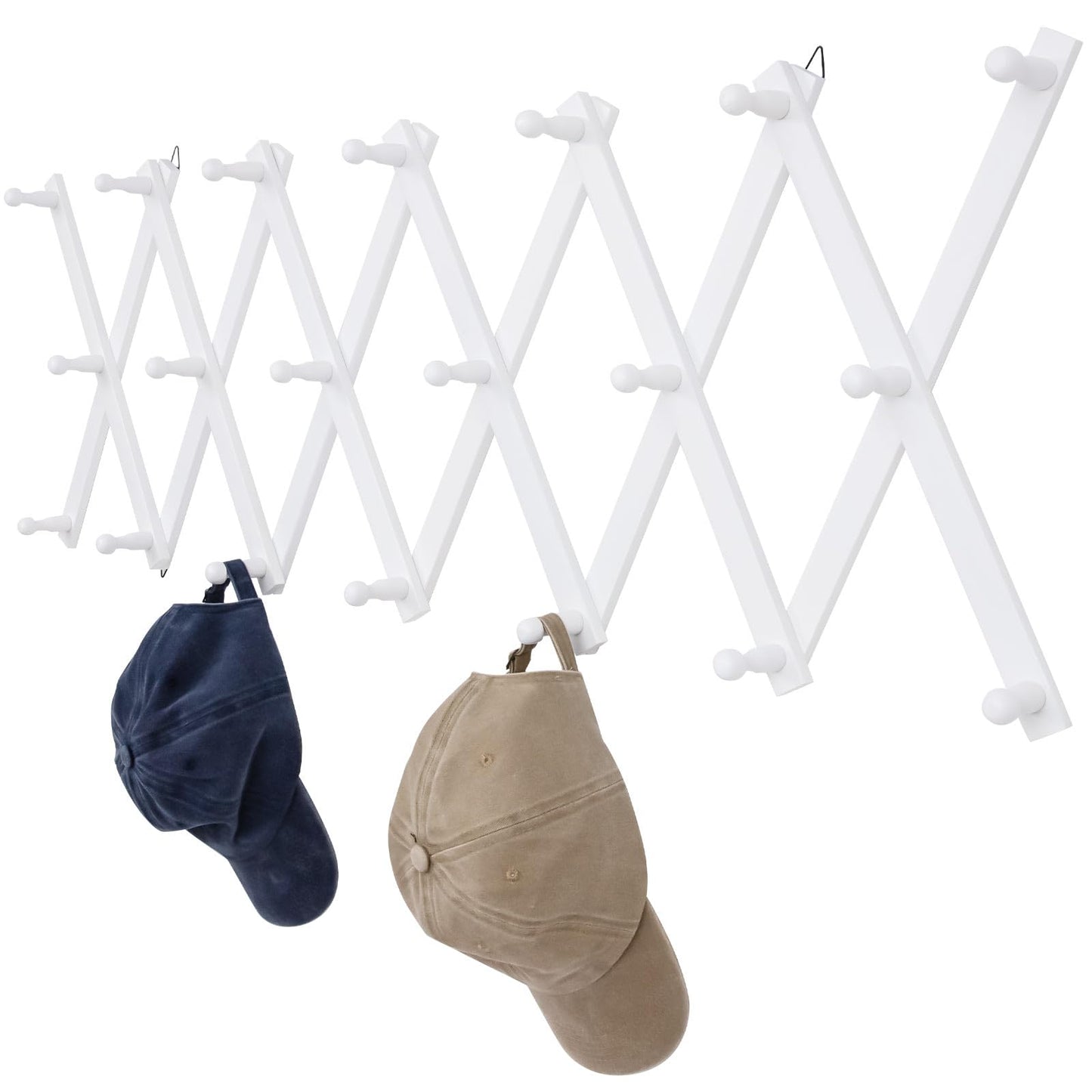 SCUNDA Wall Rack with 20 Hooks, Wooden Wall Expandable Coat Rack for Coat, Hats, Baseball Caps, Coffee Mug, Jewelry(White)