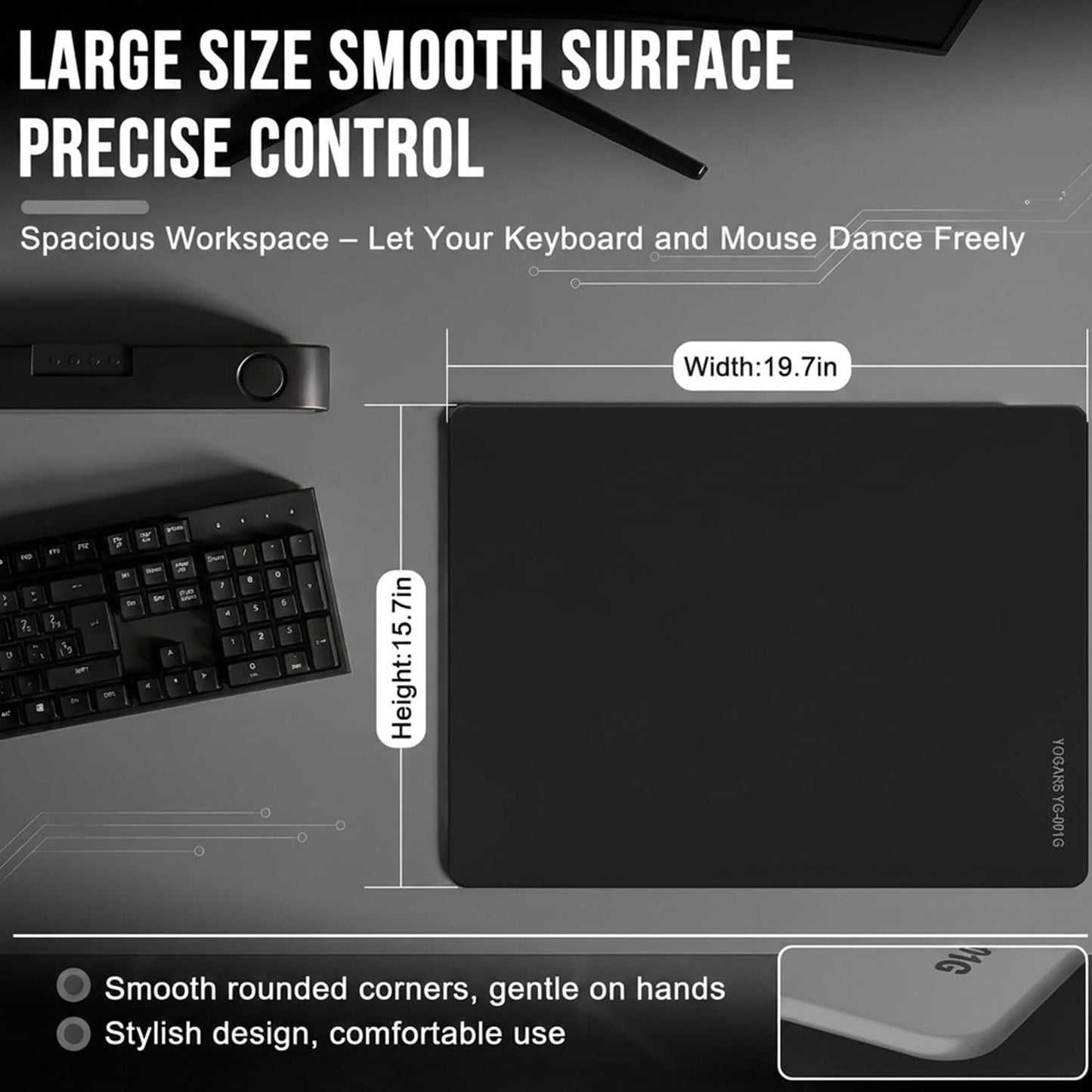 YOGARS Glass Gaming Mouse Pad, 19.7"x15.7" Large Glass Hard Mousepad for Esports, Ultra-Smooth Micro-Etched Surface Speed & Control, with Anti-Slip Base, Easy Clean Scratch Resistant (Black)