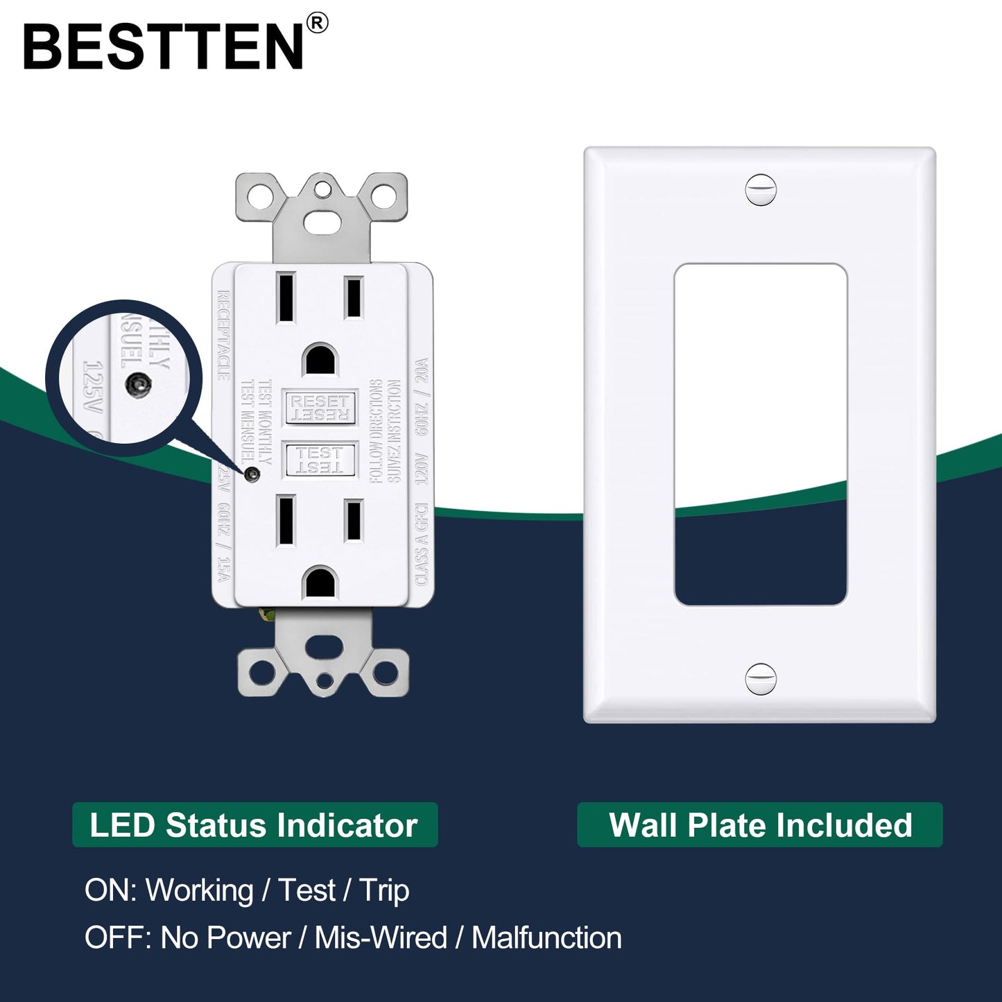 BESTTEN GFCI Outlet 15 Amp, GFI Receptacle Outlet with LED Indicator, Ground Fault Circuit Interrupter, Non-Tamper-Resistant, Wallplate Included, ETL Certified, 10 Pack, White