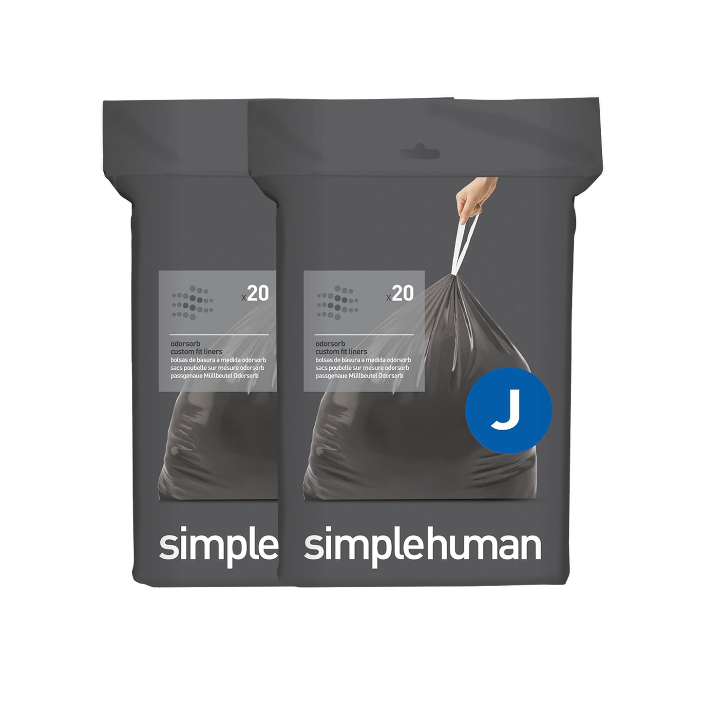 simplehuman Code J 40 Count, Genuine Odorsorb Custom Fit Liners, Drawstring Odor Absorbing Trash Bags in Dispenser Packs, 30-45 Liter / 8-12 Gallon