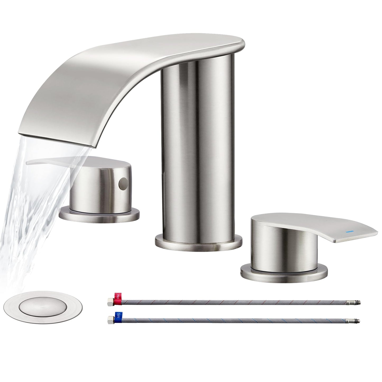 Ultimate Unicorn 8 inch Bathroom Faucet Brushed Nickel, Waterfall Bathroom Faucet with Metal Pop-up Sink Drain Stopper and 2 Supply Hoses,2 Handle Widespread Faucets for Vanity Sink 3 Holes