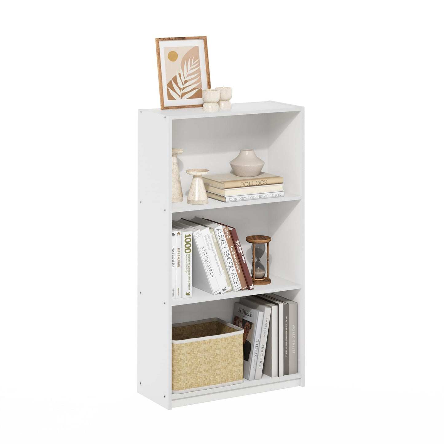 Furinno Basic Book Shelf, 3-Tier Modern Bookshelf, Bookcase with Open Shelves, 9.3 x 21.8 x 39.5, for Living Room, Bedroom, Home Office, White