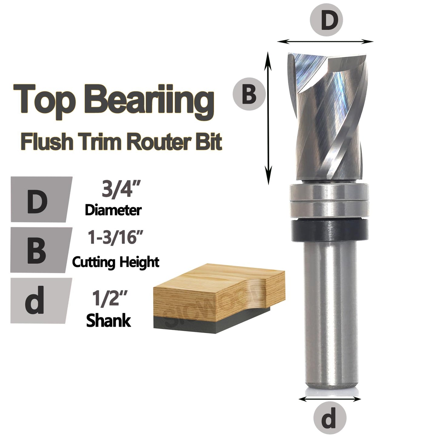 SICWOOD Top Bearing Flush Trim Router Bit 1/2 Inch Shank - Up-Cut 3/4" Cutting Dia, 1- 3/16" Cut Height, Carbide Spiral Pattern Template Flush Cut Router Bit, for Wood Trimming