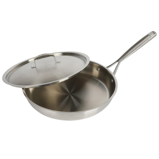 Babish 12-Inch Tri-Ply Stainless Steel Frying Pan with Lid – Professional Grade Skillet for Searing, Sautéing & Even Heat Cooking