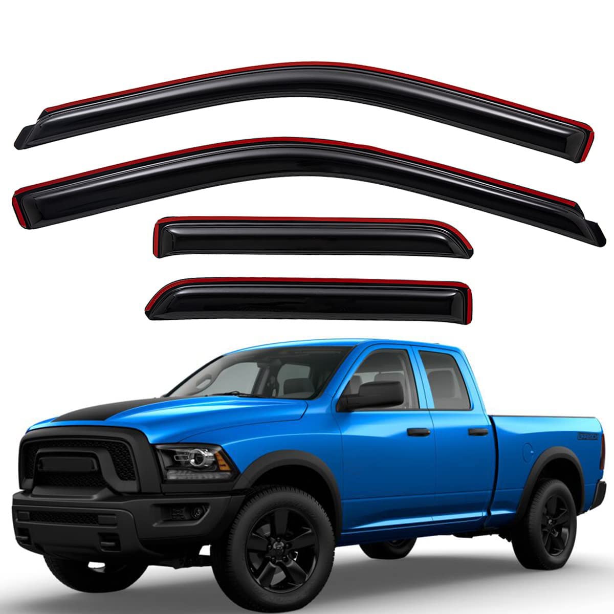 Lightronic 194101 Extra Durable Clip-on In-Channel Auto Vent Window Visors, Fits 2009-2010 Dodge Ram 1500, 2011-2018 Ram 1500, 2019-2024 Ram 1500 Classic, Quad Cab, UV-Protect Rain Guard, Smoke, 4-Pcs