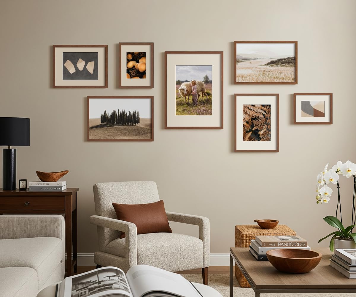 Yaetm 16x20 Picture Frame Matted to 11x14 Set of 4, Walnut Brown, Solid Wood 16x20 Frame for Photos, Posters & Art Prints, Horizontal and Vertical Wall Mount (4 pack, Walnut)