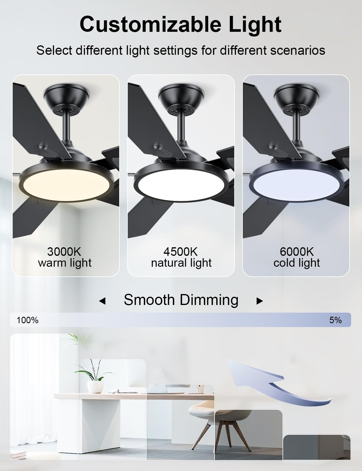 OJX Ceiling Fans with Lights, 52 inch Ceiling fan with Light and Remote/APP Control, 3CCT, Quiet DC Reversible, Dimmable, Modern Ceiling Fan for Bedroom, Living Room, Kitchen, Indoor/Outdoor Use
