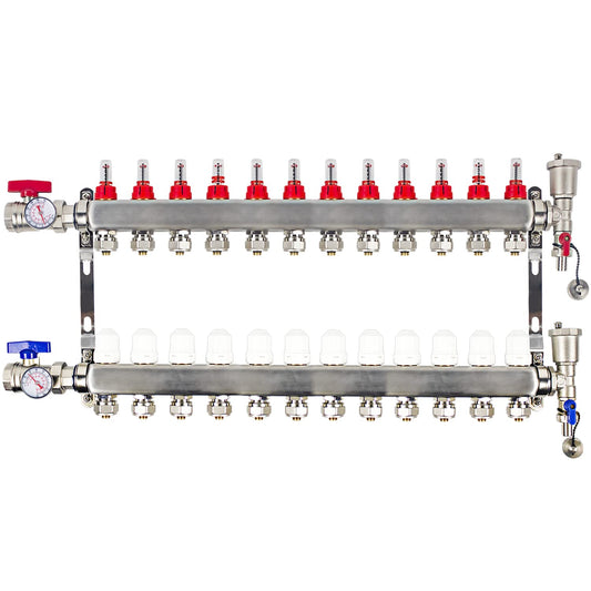 AB 12 Loop PEX/Radiant Manifold, 1/2 Inch Compatible Outlets, Up to 1.4 GPM Flow Valve for Hydronic Radiant Floor Heating (1/2" Connectors Included)