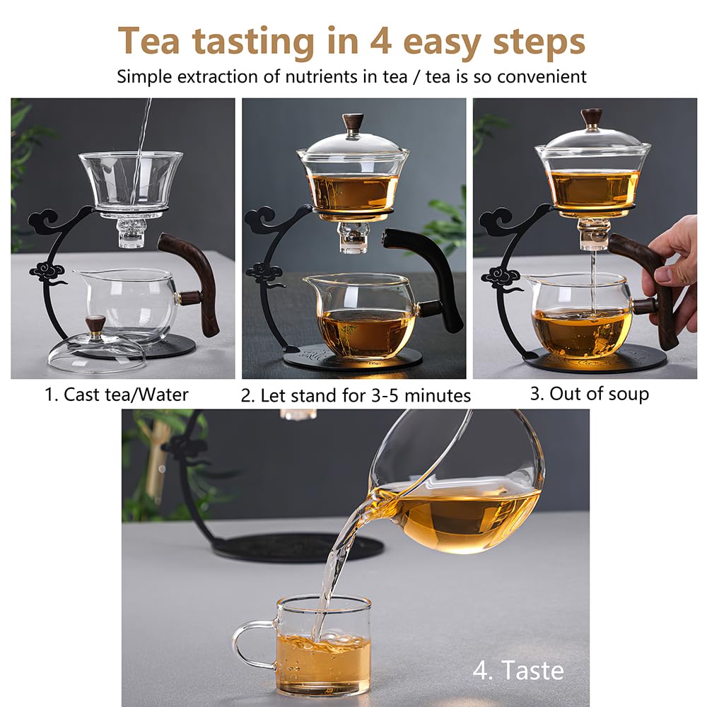 Lazy Kungfu Drip TeaPot, Heat Resistant Tea Set, Semi-Automatic Glass Teapot Suit for Magnetic Water Flow Wooden Glass Teapot Set (Metal handle+glass body)