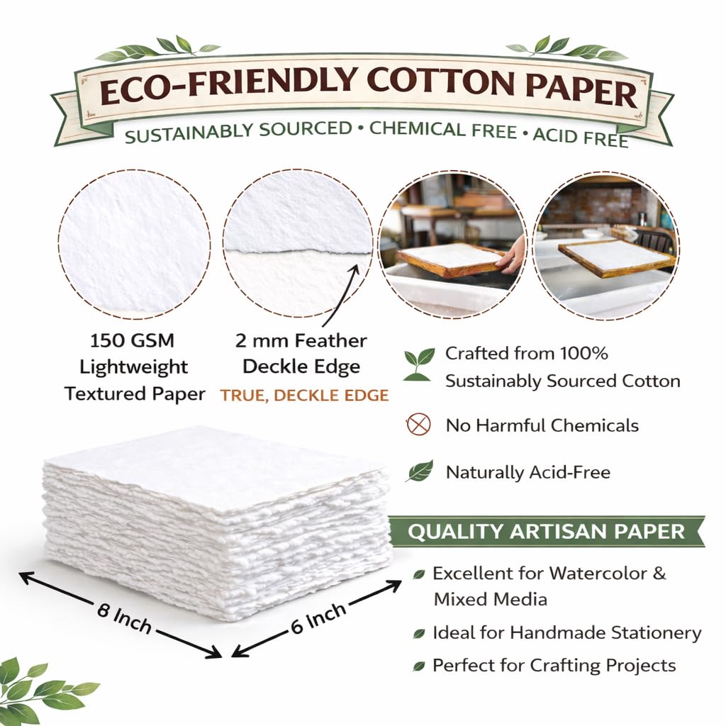 Handmade White Deckle Edge Blank Paper - A5 Size Package of 50 - Mixed Media Loose Leaf Paper for Watercolor, Writers, Invitations, Crafts - Thick 150 GSM - 8 x 6'