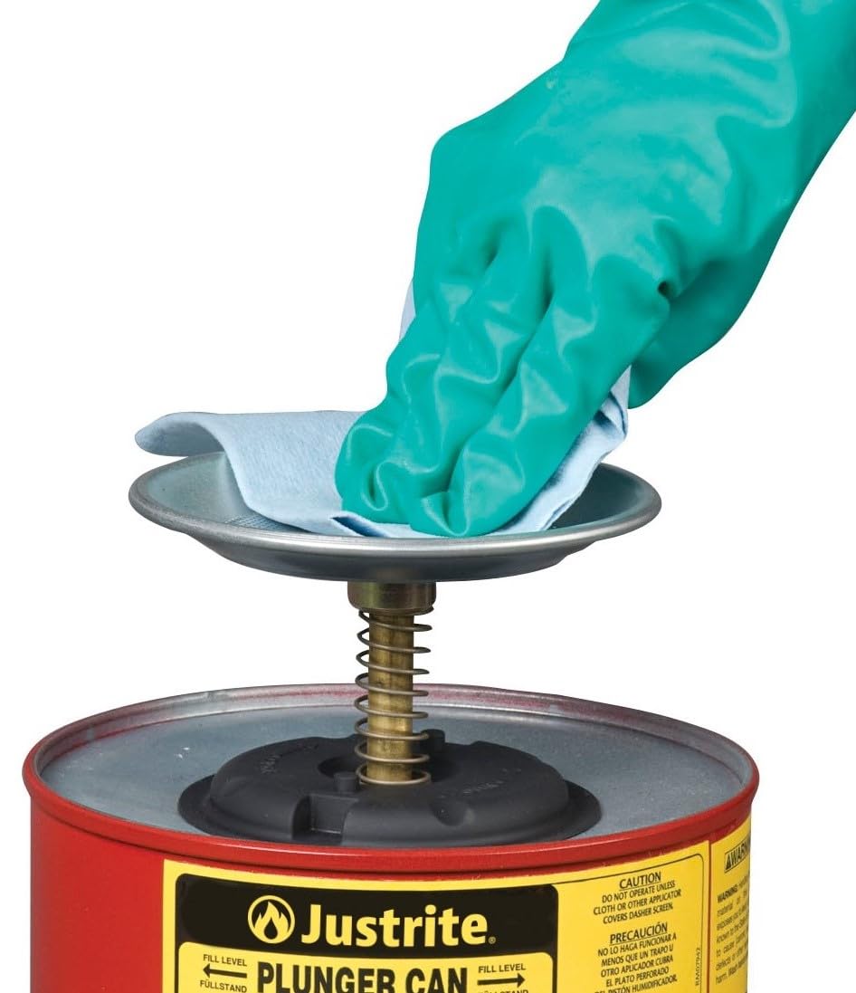 Justrite Plunger Can for Solvents, 1 Gallon Capacity, 10.5" x 7.25" Steel Push-Down Solvent Dispenser Can, Made in The USA Industrial Mechanic Tools, Red, 10308