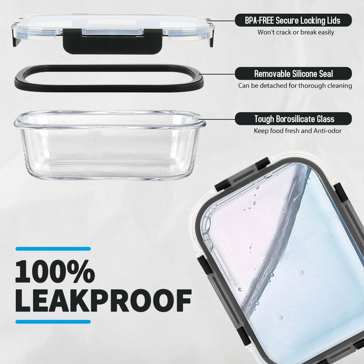 AMALEKO 42pcs Glass Food Storage Containers with Snap Locking Lids Set, Glass Meal Prep Containers (21 Container & 21 Lids),Leak Proof Lunch Containers BPA-Free,Black