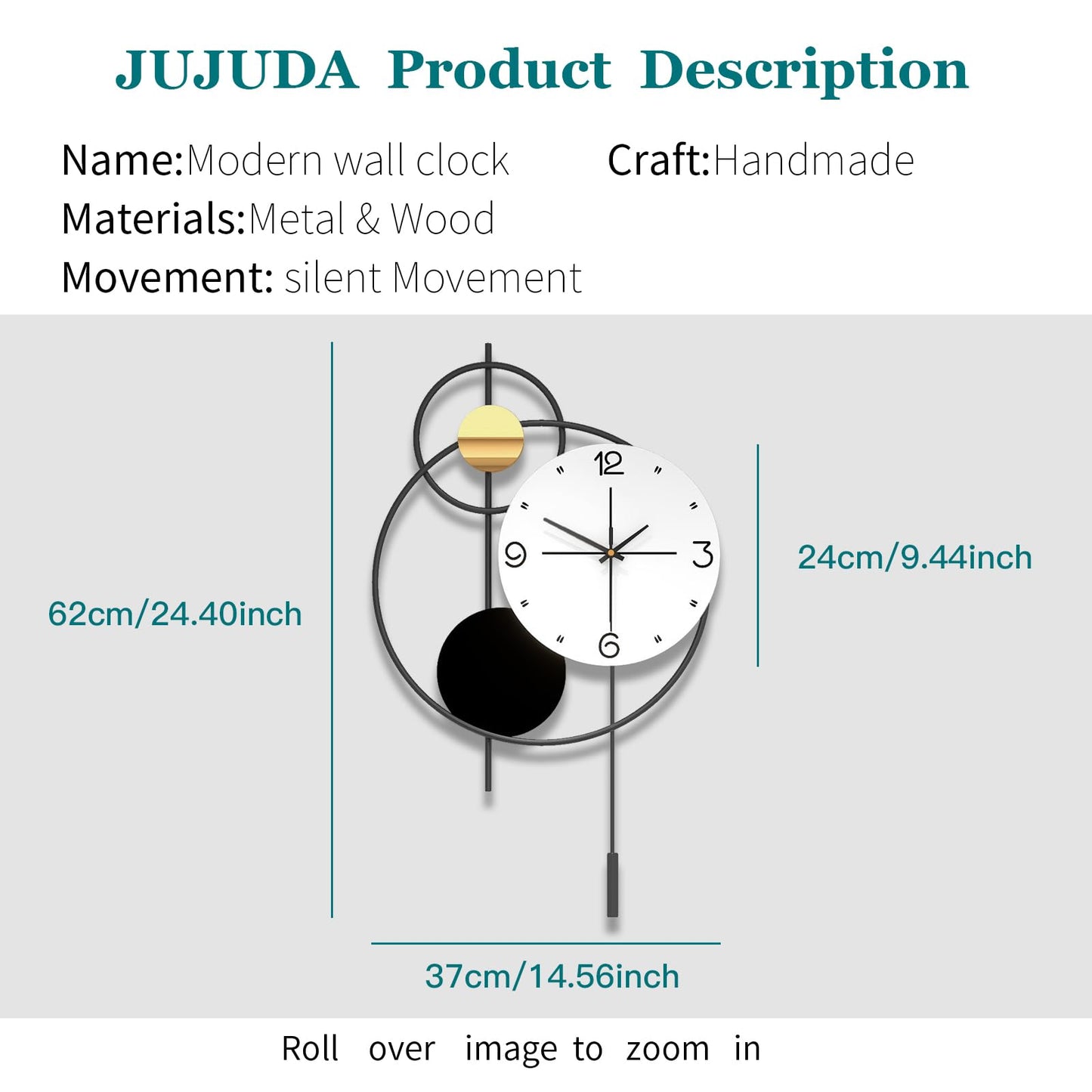 JUJUDA Large Modern Wall Clock for Living Room Decor 24 Inch Big Decorative Black Metal Wall Clock with Pendulum for Home Bedroom Kitchen Office Battery Operated Non Ticking Decoration Clocks Wall