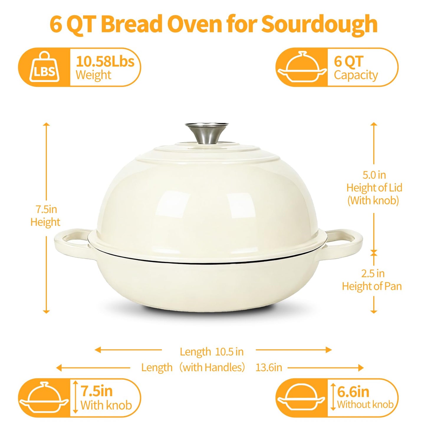 ONKO Dutch Oven For Sourdough Bread Baking, 6QT Enameled Cast Iron Dutch Oven Pot With Lid, Non-stick Sourdough Baking Pan with Bread Dome, Round Ceramic Dutch Ovens Pot with Cloche for Homemade