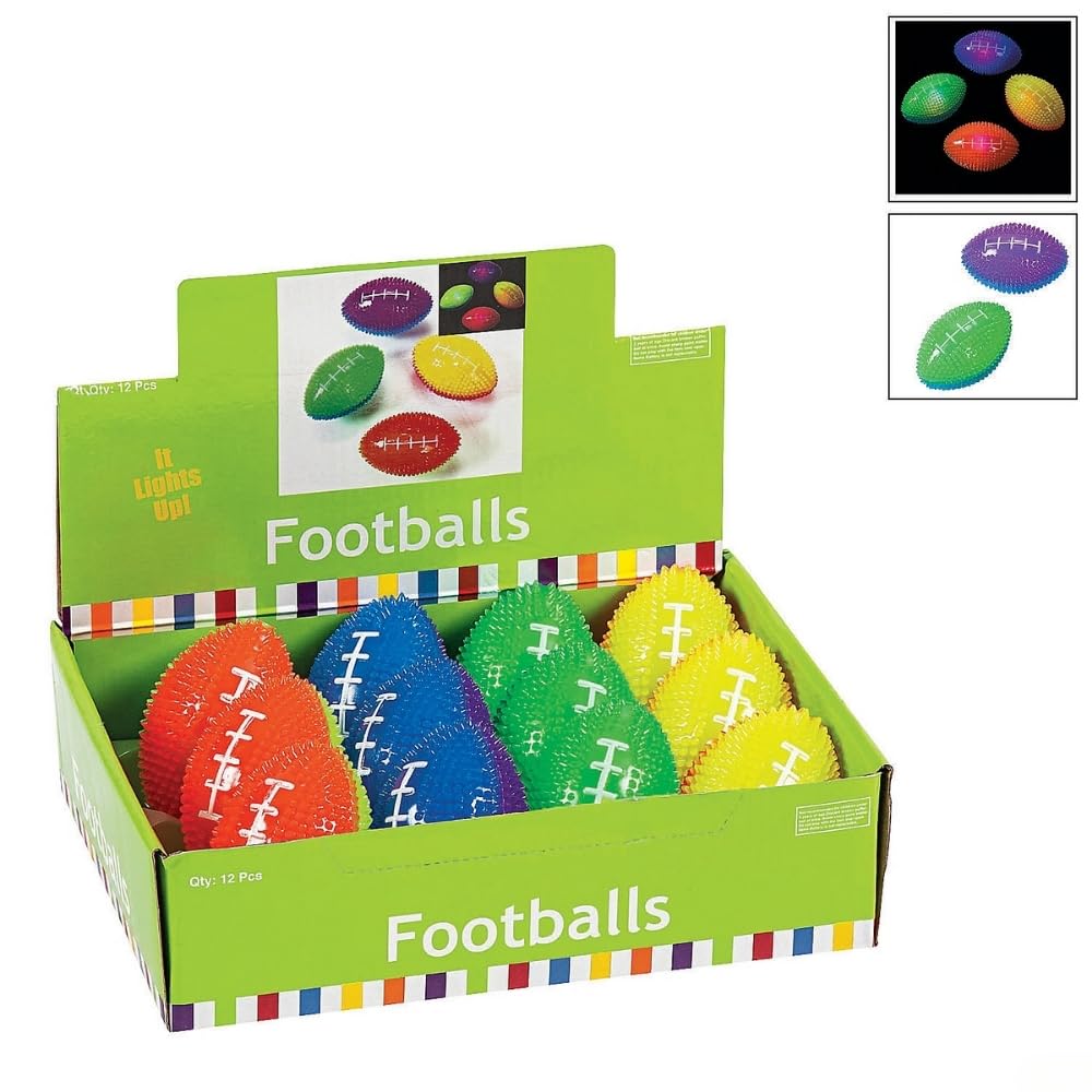 Light Up Small Footballs - Set of 12 Rubber Squishy Balls - Sports Party Favors and Active Play Toys