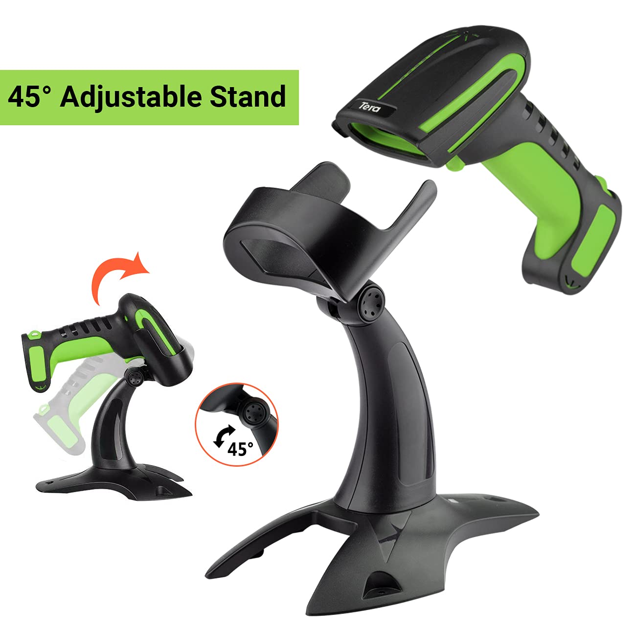 Tera Pro (Extreme Performance) Industrial Wireless Barcode Scanner 2D QR 1D Bar Code Reader 2.4G Wireless 2500mAh Compatible with Bluetooth Drop Resistant for Windows Mac Android iOS Model 8100 Green