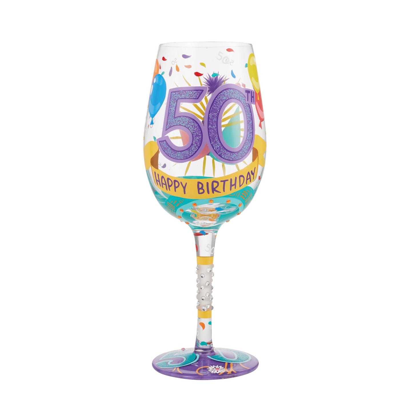 Enesco Designs by Lolita Happy 50th Birthday Hand-Painted Artisan Wine Glass, 15 Ounce, Multicolor