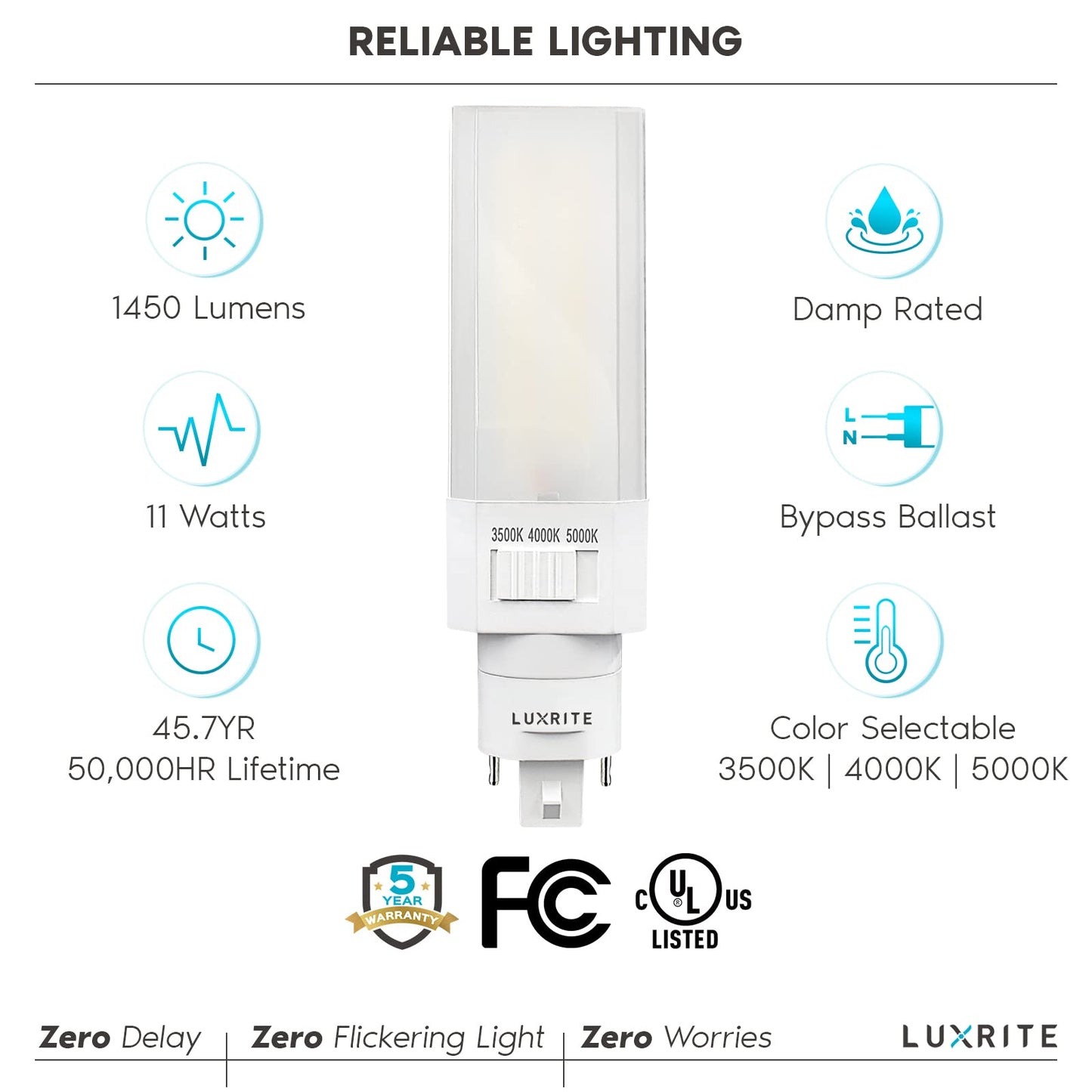 Luxrite Horizontal PL LED CFL Replacement, 11W, Ballast Bypass, Fits G24D G24Q GX24Q, 3 Color Selectable 3500K-5000K, 1450 Lumens, Rotatable, Replace 26W/32W/42W CFL 2 Pin and 4 Pin Base Bulb (4 Pack)
