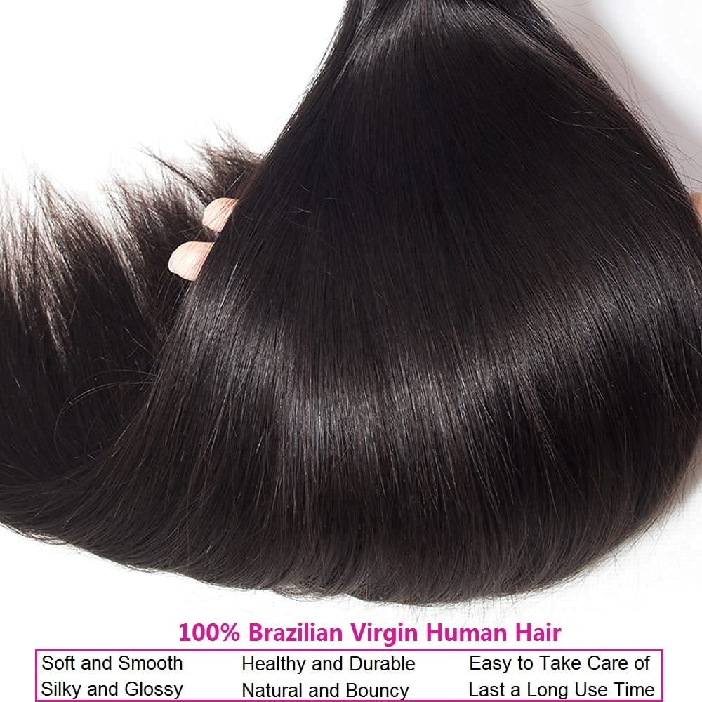 10A Brazilian Straight Human Hair 3 Bundles with Closure 10 12 14+10 Inch 100% Unprocessed Straight Virgin Hair Weave Bundles Human Hair with 4x4 HD Lace Closure
