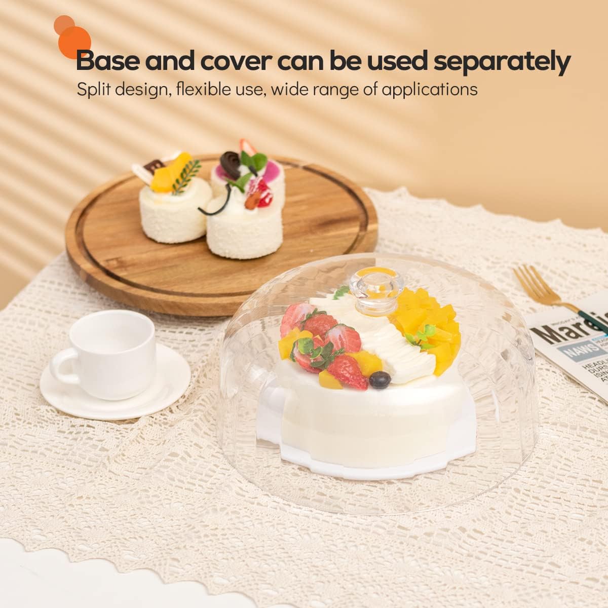 cutesun Wood Cake Stand with Lid, 11.8'' Rotating Cake Stand with Dome, Shaterproof 10.4'' Acrylic Cake Display Cover, Cake Holder Tray for Wedding Gift，Kitchen,Birthday,Parties,Baking Gifts