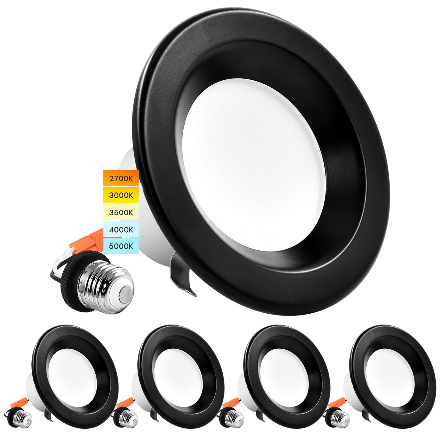 LUXRITE 4 Inch LED Recessed Can Lights, 10W=60W, CCT Color Selectable 2700K | 3000K | 3500K | 4000K | 5000K, Dimmable Retrofit Downlights, 750 Lumens, Energy Star, Wet Rated, Black Trim (4 Pack)