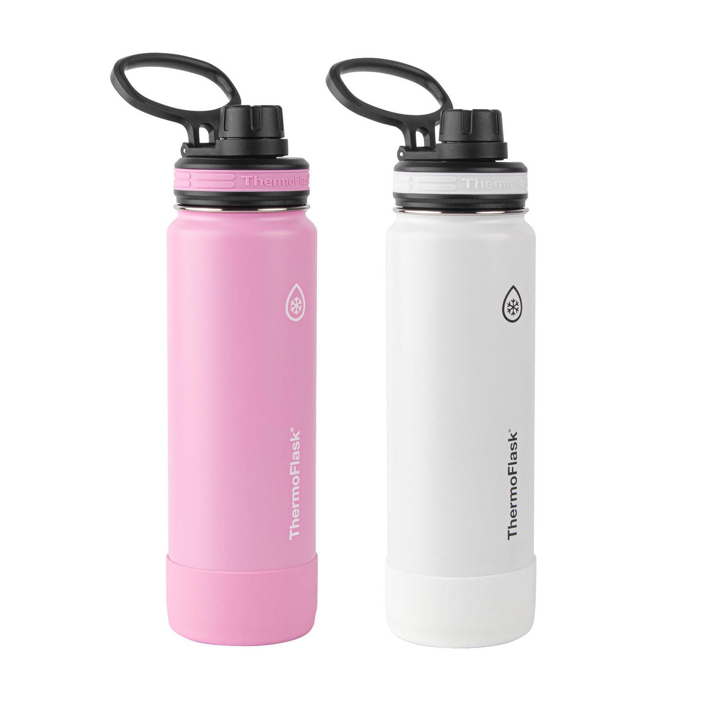 ThermoFlask Stainless Steel Water Bottles 2-Pack - Double-Wall Vacuum Insulated 24 oz BPA-Free Spout Lids - Keeps Drinks Cold 24 Hrs, Hot 12 Hrs - Leakproof, Dishwasher Safe, Strawberry/Arctic White