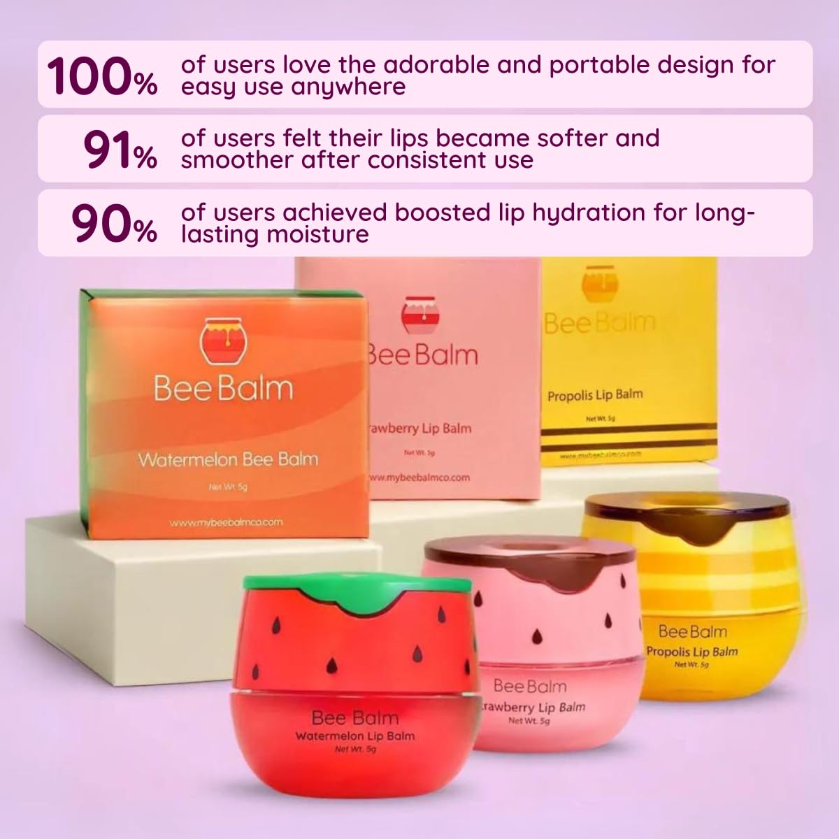 3 Pieces Lip Balm - Original BeeBalm in Watermelon, Strawberry, Honey - Hydrating Lip Care, Lip Butter for Dry and Cracked Lips, Propolis Honey Lip Mask, Lip Moisturizing & Sleep Mask