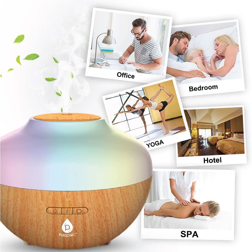 Pursonic Aromatherapy Diffuser & Essential Oil Set-Ultrasonic Diffuser & Top 14 Essential Oils-300ml Diffuser with 2 Mist Settings & 7 Ambient Light Settings-Therapeutic Grade Essential Oils