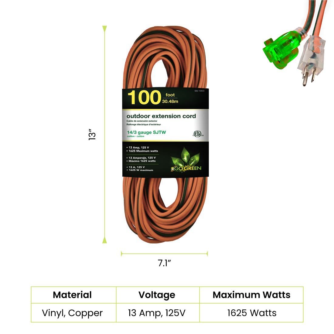 Go Green Power Inc. 14/3 100ft Lighted Outdoor Extension Cord - Durable, Heavy Duty - Perfect for Outdoor Tools & Equipment - GG-13800