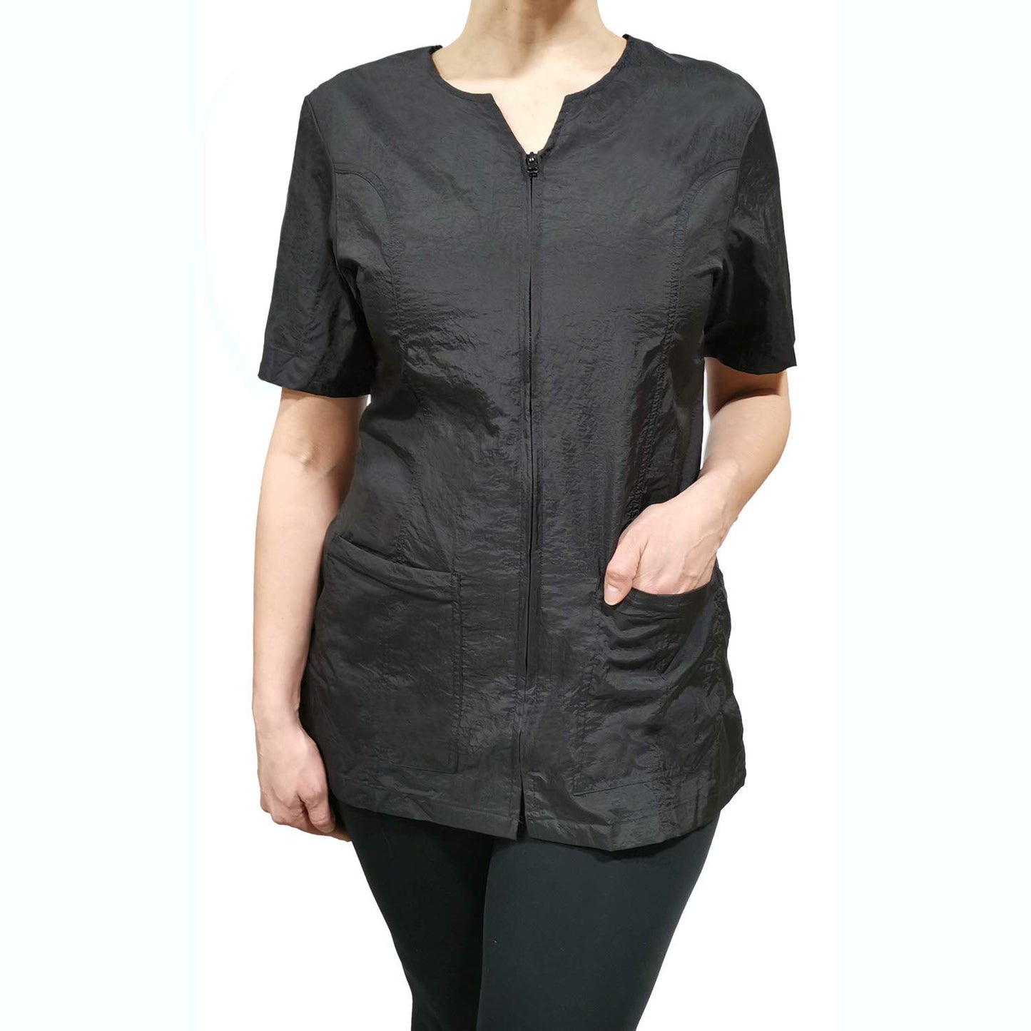 CHARLENE Haley Short Sleeves Jacket | High Fashion Hair Stylist Nylon Uniform | Water-Repellant Breathable Nylon | Machine Wash | Zipper Closure (BLACK, S)