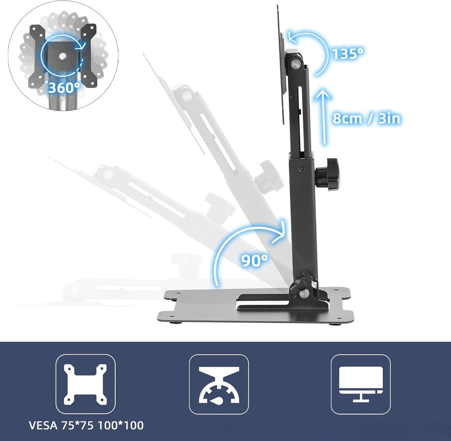WEARSON Folding Monitor Stand - Height Adjustable Vesa Monitor Stand, Tilt, Rotation Free Standing Low Profile Desk Mount for Single Monitor up to 28 inch Screens Upgrade WS-03T