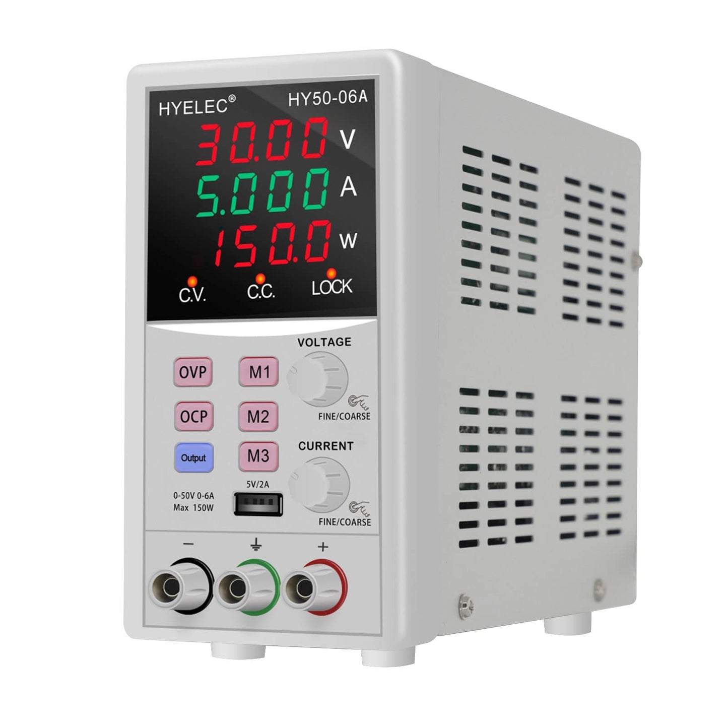 HYELEC Variable DC Power Supply,0-50V 0-6A max150W Switching Regulated Bench Power Supply with Memory, 4-Digit LED Display, 5V2A USB Interface, Output Switch, Coarse and Fine Adjustments