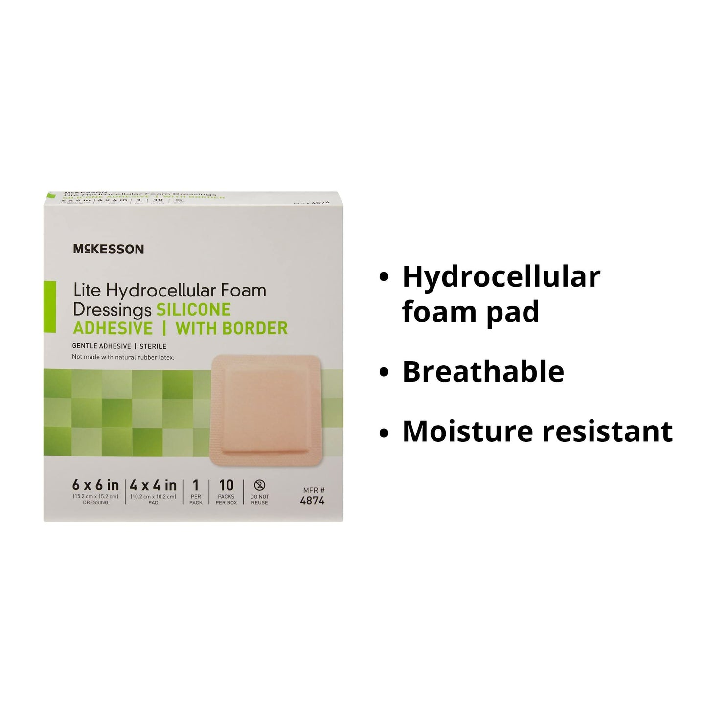 McKesson Lite Hydrocellular Foam Dressings, Sterile, Silicone Adhesive with Border, 6 in x 6 in, 10 Count, 1 Pack