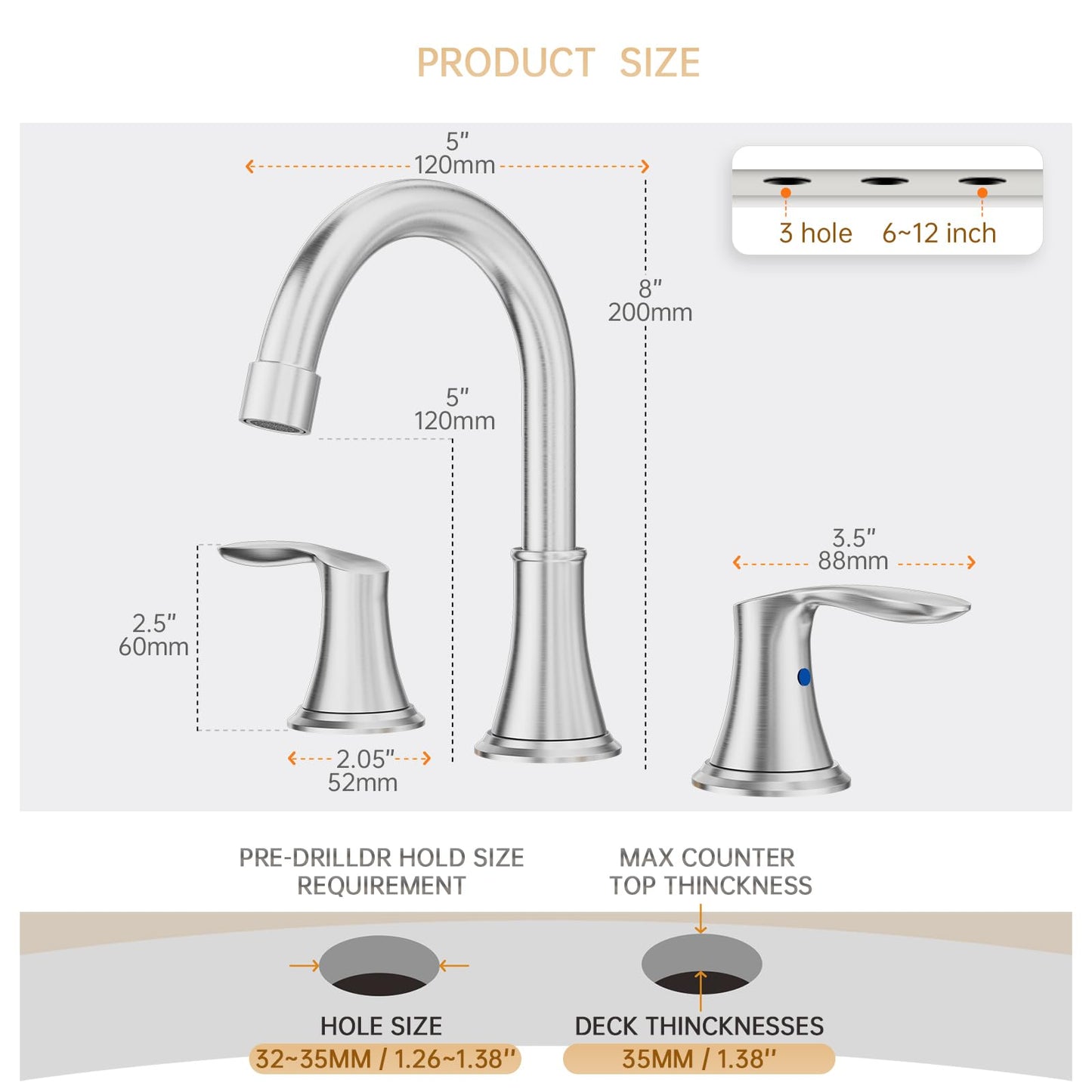 Phiestina Widespread 8 Inch 3 Holes Brushed Nickel Bathroom Faucet，Two Handles Stainless Steel Bathroom Sink Faucet with Metal Pop-Up Drain and Water Supply Lines, WFTY36-BN