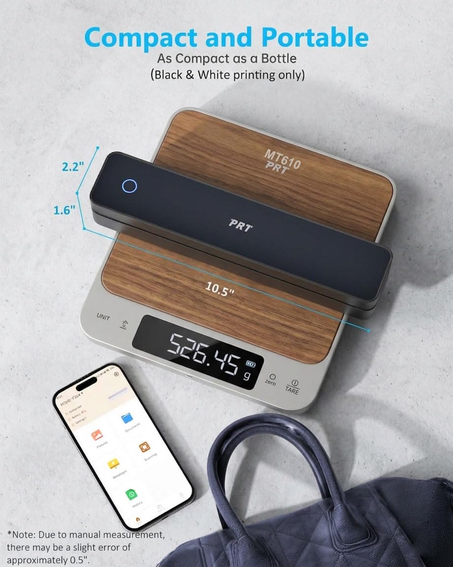 PRT Inkless Portable Printer for Travel, Wireless Thermal Printer Support 8.5 x 11 US Letter A4 B5, Bluetooth Mobile Printers for Laptop, iPhone, Android for Home, Car, Office, School, MT610 Black